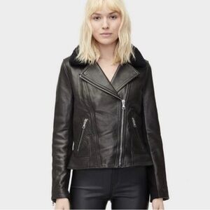 UGG Andie Women's Black Leather Moto Jacket Lamb with Shearling Collar NWT Sz M